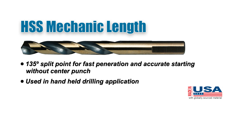 HSS Premium Mechanic Length 3&ndash;Flats on Shank 135&deg; Split Point Type 175-AG