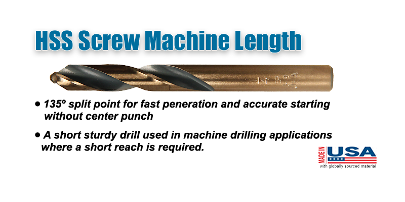 HSS Premium NAS 907C Screw Machine Length 135&deg; Split Point Type 135-AG